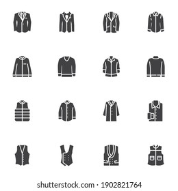 Herrenbekleidung Vektorsymbole Set, moderne solide Symbolsammlung, gefülltes Piktogrammpaket. Zeichen, Logo-Illustration. Das Set enthält Symbole wie Pullover, Tüxedo, Wintermantel, Weste, Hemd, Sweatshirt