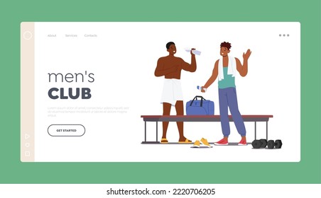 Men Club Landing Page Template. Männliche Charaktere im Sportlockerraum. Junge Männer wechseln Kleidung nach Training oder Training in Gym, Sportsmen Chatting in der Nähe der Bench. Vektorgrafik von Cartoon People