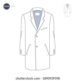 Men coat. Clothes icons, thin line style. Retail online store catalog sections signs and objects. Vector collection.
