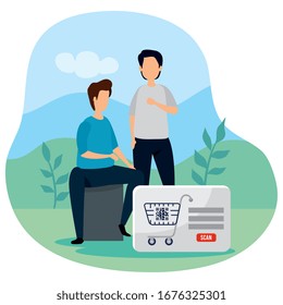 men with code qr in cart shopping vector illustration design