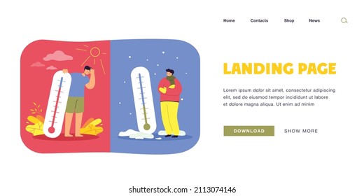 Men in cold and hot weather flat vector illustration. Frozen and sweating people standing with thermometers in summer and winter. Meteorology, extremely low and high temperatures, thermostat concept