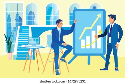 Men Colleagues, Developing Business Project Together and Sharing Ideas. Employees in Smart Suits, Commenting Column Diagram on Flip Chart, Showing Certain Increasing. Information Graphs on Laptop.