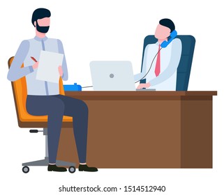 Men colleagues teamwork, worker calling and using laptop, male writing. Broker collaboration, portrait view of employees on workplace, marketing vector