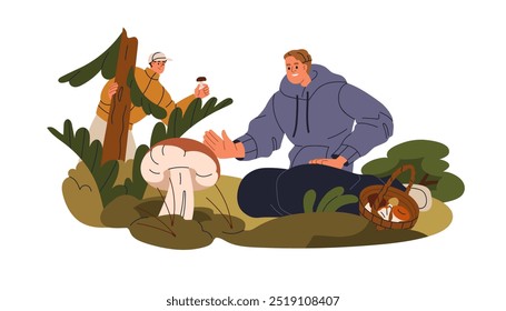 Men collecting mushrooms in the autumn forest. Happy mushroomers friends, fungus pickers exploring fall nature, picking, gathering fungi. Flat vector illustration isolated on white background