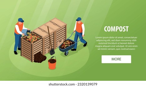 Hombres recolectando desechos para hacer compost en cajas de madera barandilla horizontal isométrica ilustración de vector de fondo verde