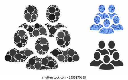 Men collective mosaic of circle elements in various sizes and color tints, based on men collective icon. Vector circle elements are organized into blue mosaic.