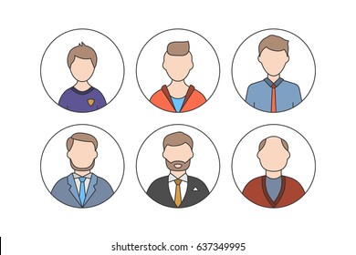 Men color avatars concept with different ages isolated on white background in line style by aging: child, teenager, young, adult, old people. People generations.