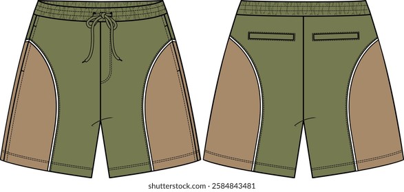 Men Color blocFleece short with rounded inserts panels with white piping, front pockets in side seam, welt pockets at back, drawcord at waist, elastic waistband, coloration olive and khaki, sketches