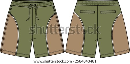 Men Color blocFleece short with rounded inserts panels with white piping, front pockets in side seam, welt pockets at back, drawcord at waist, elastic waistband, coloration olive and khaki, sketches