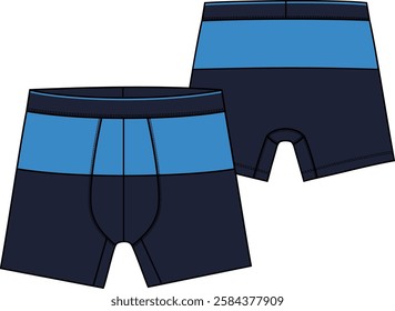 Men Color block Basic boxer brief with contrast horizontal cut, front pouch, elastic waistband, navy coloration with dark navy and light blue, sketch front and back, vectors