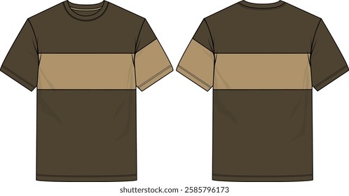 Men Color Block basic crew neck with Contrast chest insert, contrast sleeve on wearer left side, straight hem, loose fit, short sleeve, front and back sketches, vectors, coloration brown and khaki