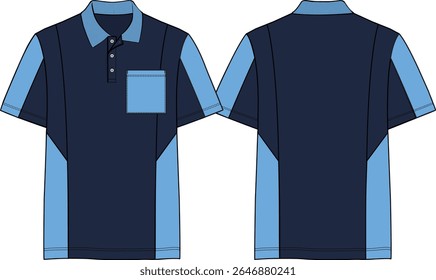 Homens cor bloco camisa polo básica cor marinha com colarinho azul e bolso de peito, inserção de ombro e inserções de corpo, botão de plaqueta, manga curta com bainha regular, colarinho polo, frente e de volta esboço