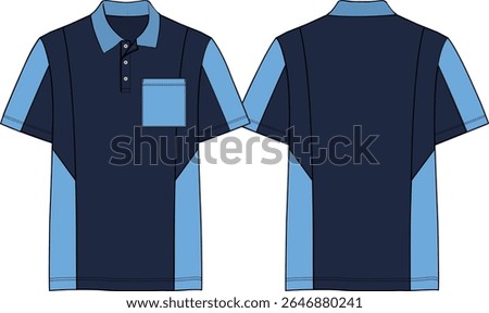 Men Color Block Basic polo shirt navy coloration with blue collar and chest pocket, shoulder insert and body inserts, button placket, short sleeve with regular hem, polo collar,  front and back sketch