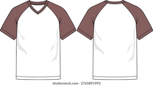 Men color block brown raglan v-neck with white body t-shirt, straight hem, contrast raglan short sleeves and v neckline band, sketch front and back, vectors, illustration, active, activewear 