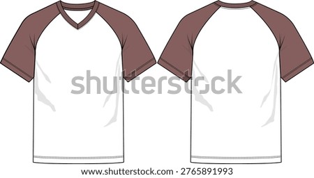 Men color block brown raglan v-neck with white body t-shirt, straight hem, contrast raglan short sleeves and v neckline band, sketch front and back, vectors, illustration, active, activewear 