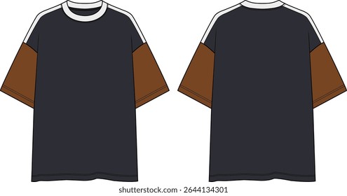 Camiseta de tamanho exagerado para o pescoço da tripulação do bloco de cores dos homens, ombro solto, mangas curtas marrons de contraste, painel frontal e traseiro preto, faixa de pescoço branco e inserção de ombro, esboço frente e trás, vetores, moda
