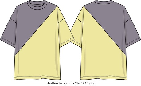 Men color block crew neck oversized t-shirt dropped shoulder, slanted cut, grey and yellow coloration, sketch front and back, vectors