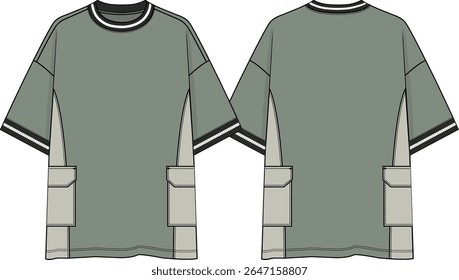 Men color block crew neck oversized t-shirt, side body panels and side pockets, olive body, light olive side panels and pocket, dropped shoulder, short sleeves, yarn die rib band at neck and cuff