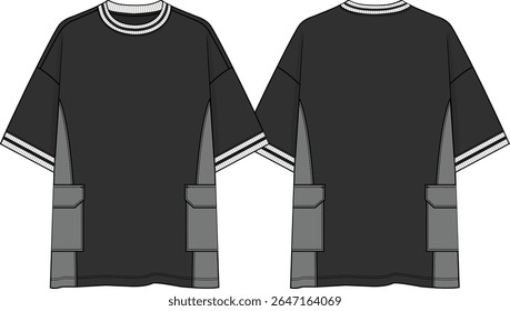Men color block crew neck oversized tee, black body and light grey side body panels and pocket, dropped shoulder, short sleeves, sketches, yarn dye rib white and black on neck band and sleeve cuffs