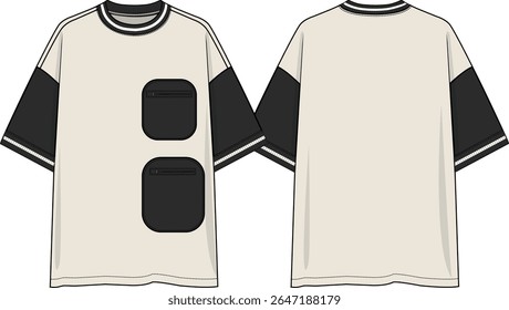 Men Color block crew neck oversized t-shirt dropped shoulder, black sleeves, black double patch pockets with zip pockets, sketches, vectors, coloration body off white, yarn dye rib at cuffs and neck