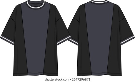 Men Color Block crew neck oversized t-shirt with vertical cuts at front and back, black t-shirt with grey middle insert, short sleeves dropped shoulder, grey and white yarn dye rib at neck and cuff
