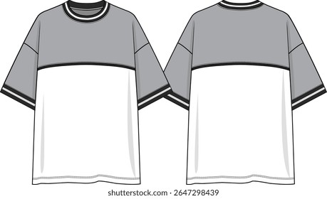 Men Color block crew neck oversized t-shirt, grey yokes at front and back, grey short sleeve with dropped shoulder, black piping, black and white yarn dye rib at neck and cuff, sketches, vectors