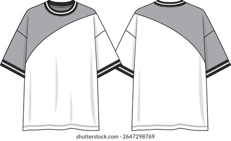 Men Color block crew neck oversized t-shirt with upper grey slanted insert, grey wearer right sleeve, black and white yarn dye rib and neck and cuffs, dropped shoulder, sketch front and back, vectors