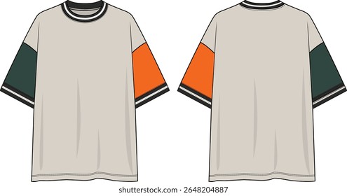 Men color block crew neck oversized t-shirt, short sleeves, off white t-shirt, wearer right side green sleeve, wearer left side orange sleeve, black and white yarn dye rib neck and cuff, sketches