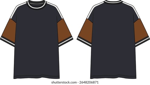 Men color block crew neck oversized t-shirt, brown short sleeve with dropped shoulder, black and white yarn dye rib at neck and cuffs, black front and back panel, white neck band and shoulder insert
