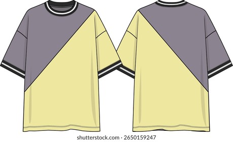 Men color block crew neck oversized t-shirt short sleeves dropped shoulder, slanted cut, grey and yellow coloration, black and white yarn dye rib at neck and cuff, sketch front and back, vectors