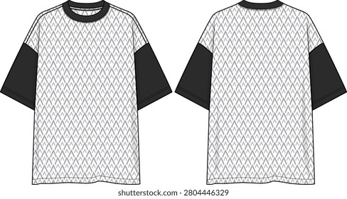 Men color block crew neck oversized t-shirt with jacquard texture v shape all over front and back body, black contrast short sleeves, black neck band, dropped shoulder, sketch front and back, causal, everyday wear, fashion