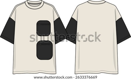 Men Color block crew neck oversized t-shirt dropped shoulder, black contrast sleeves, black contrast double patch pockets with zipper pockets, sketch front and back, vectors, coloration body off white