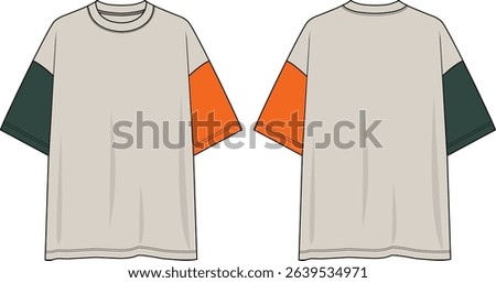 Men color block crew neck oversized t-shirt, contrast sleeves, off white t-shirt, wearer right side green sleeve, wearer left side orange sleeve, dropped shoulder, sketch front and back, vectors, 