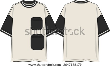 Men Color block crew neck oversized t-shirt dropped shoulder, black sleeves, black double patch pockets with zip pockets, sketches, vectors, coloration body off white, yarn dye rib at cuffs and neck