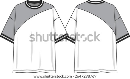 Men Color block crew neck oversized t-shirt with upper grey slanted insert, grey wearer right sleeve, black and white yarn dye rib and neck and cuffs, dropped shoulder, sketch front and back, vectors