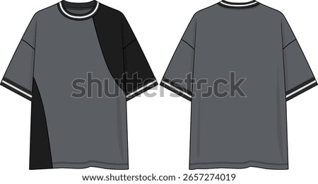 Men color block crew neck oversized t-shirt dropped shoulder, asymmetrical rounded cuts at front only, dark grey t-shirt with black inserts, black and white yarn dye rib at neck and cuff, sketches