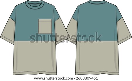 Men color block crew neck oversized t-shirt, contrast front and back bottom light green inserts and contrast light green sleeves and chest pocket, dark green upper bodies, dropped shoulder, sketches