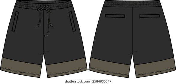 Men Color block Fleece short with welt pockets at front and back, contrast insert at bottom hem, drawcord at waist, elastic waistband, front and back vectors, coloration, black and olive