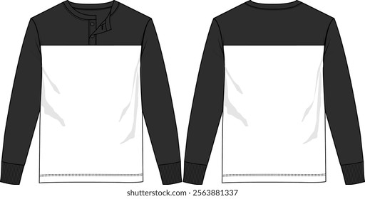 Men color block henley top crew neck with two buttons placket, long sleeve with rib cuff, black and white, contrast sleeves and front and back yokes, front and back view, vector sketches