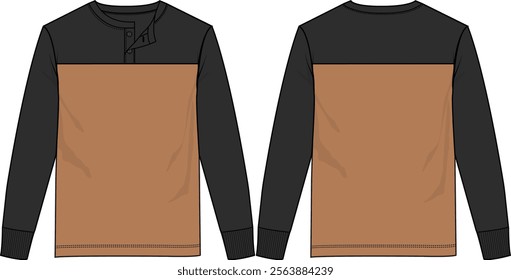 Men color block henley top crew neck with two buttons placket, long sleeve with rib cuff, brown and black, front and back view, vector sketches