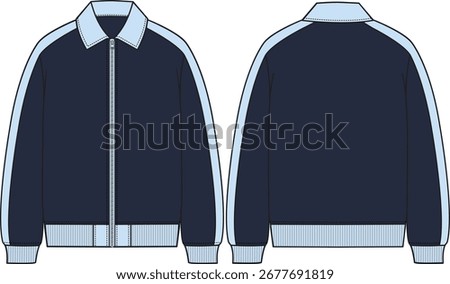Men color block navy bomber jacket with light blue shirt collar and center front zipper closure, light blue ribbed body hem and ribbed cuff, no pockets, sketch front and back, vectors, illustration