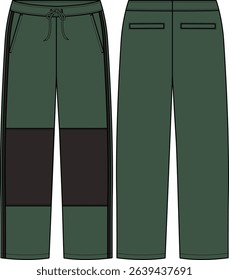 Men color block pant with black knee cuts, green pant, contrast piping on each side seam, drawstring at waistband, welt pockets at front, back welt pockets, wide leg, sketch front and back, vectors