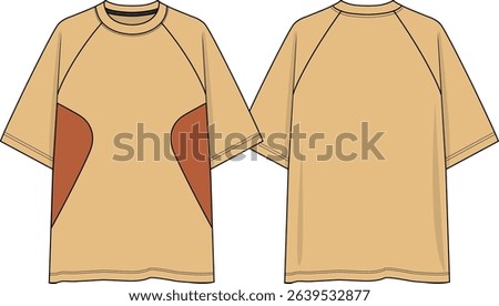 Men Color block Raglan crew neck oversized t-shirt, front side panels, yellow t-shirt with orange side inserts, sketch front and back, vectors