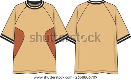 Men Color block Raglan crew neck oversized t-shirt, front side panels, yellow t-shirt with orange side inserts, black and white yarn dye rib neck and cuffs, sketch front and back, vectors