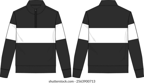 Men color block sweatshirt quarter zip, long sleeve with rib cuff, contrast insert at front and back body and on sleeves, front and back view, black and white coloration, vector sketches