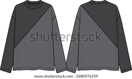 Men colorblock crew neck oversized long sleeves top with slanted cut, black top body, dark grey bottom body, dropped shoulder, sketch front and back, vectors, basics clothing