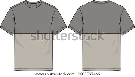 Men colorblock crew neck, straight hem, loose fit, boxy fit, straight cut middle body, short sleeve regular hem, grey shades, illustration, sketch front and back