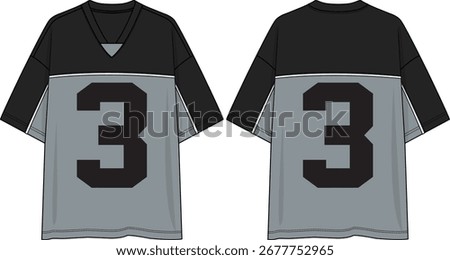 Men colorblock v-neck oversize tee number 3 with contrast V insert at center front neckline, front and back yoke and sleeve with white piping insert, black top body, grey bottom body, coloured sketch