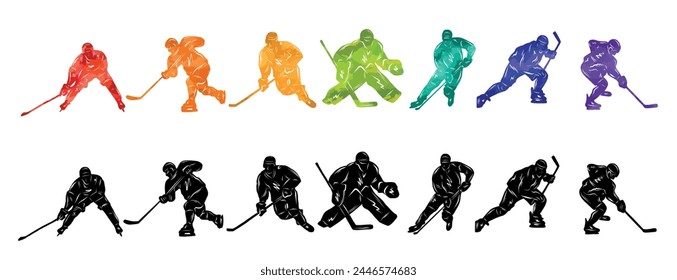 Men colorful silhouettes of hockey players. Hockey vector illustration.