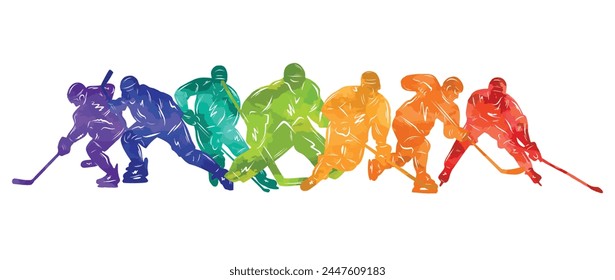 Men colorful silhouettes of hockey players. Hockey vector illustration.